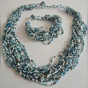 20" Blue Seed Bead with Gemstones Necklace and Bracelet Set